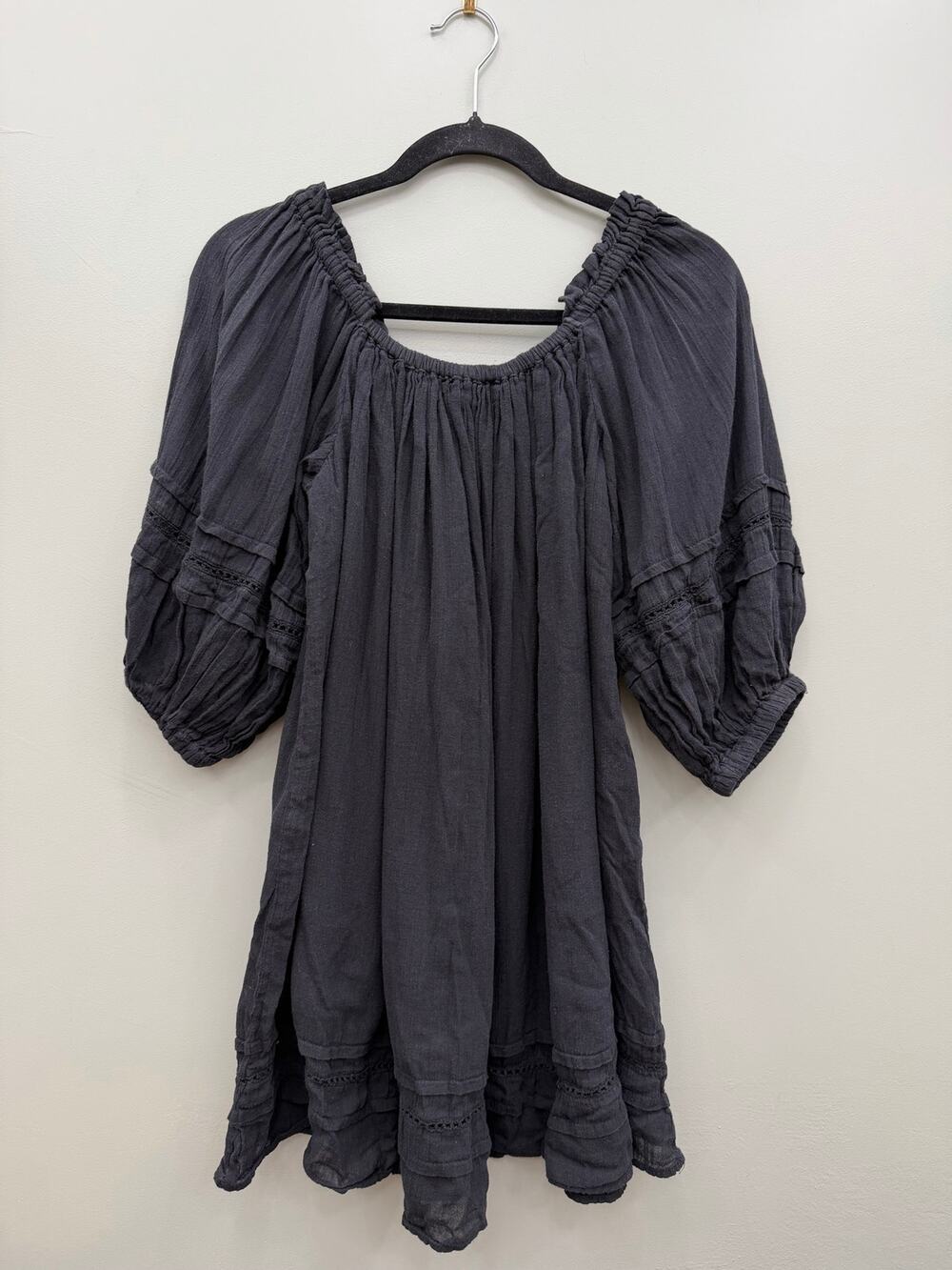 Elan Black Cotton Gauze Peasant Mini Dress Balloon Sleeve Small